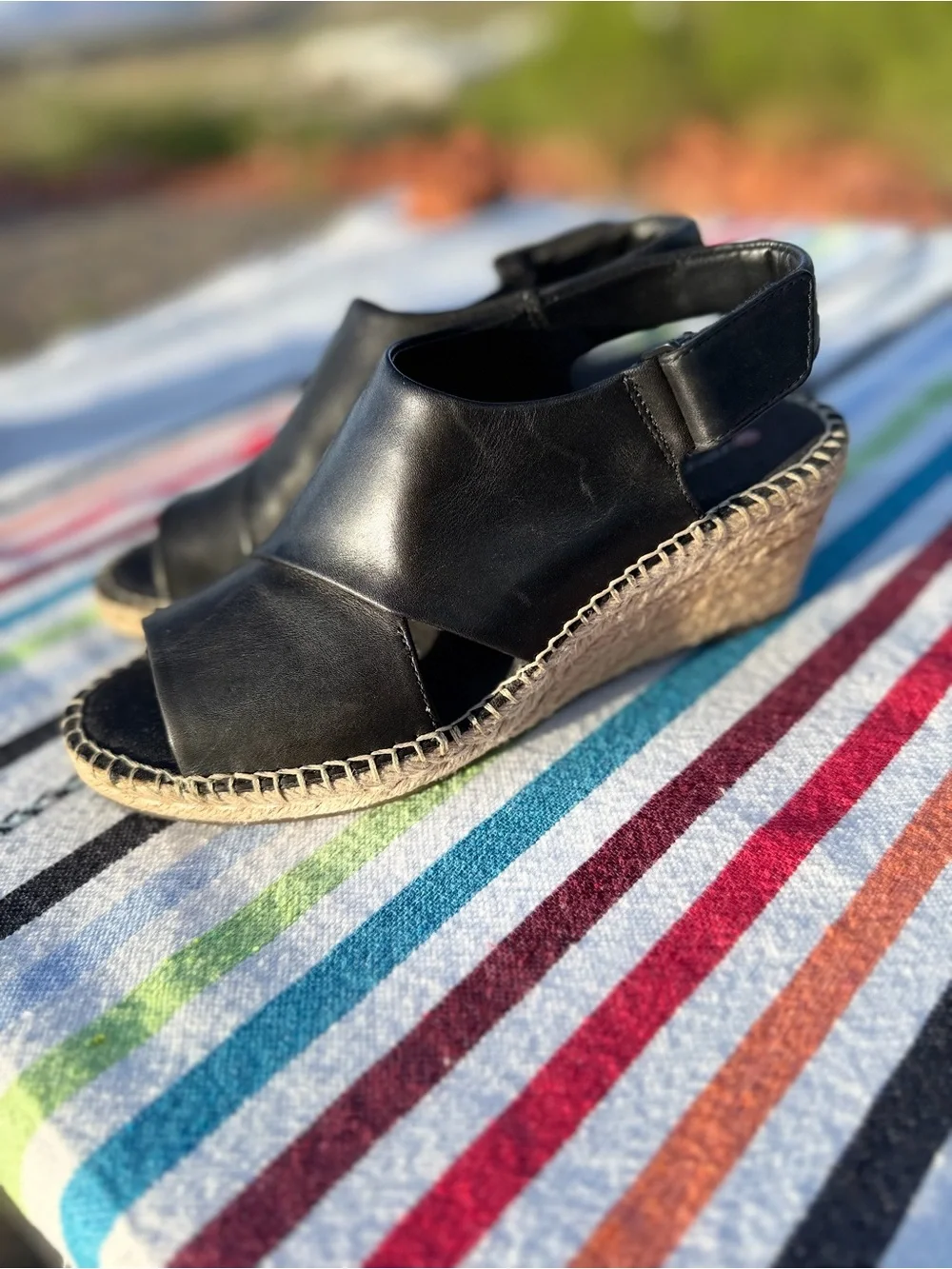 Clarks Lafley Krissy Black Leather quiet luxury Espadrille Wedge Sandals 7.5 M